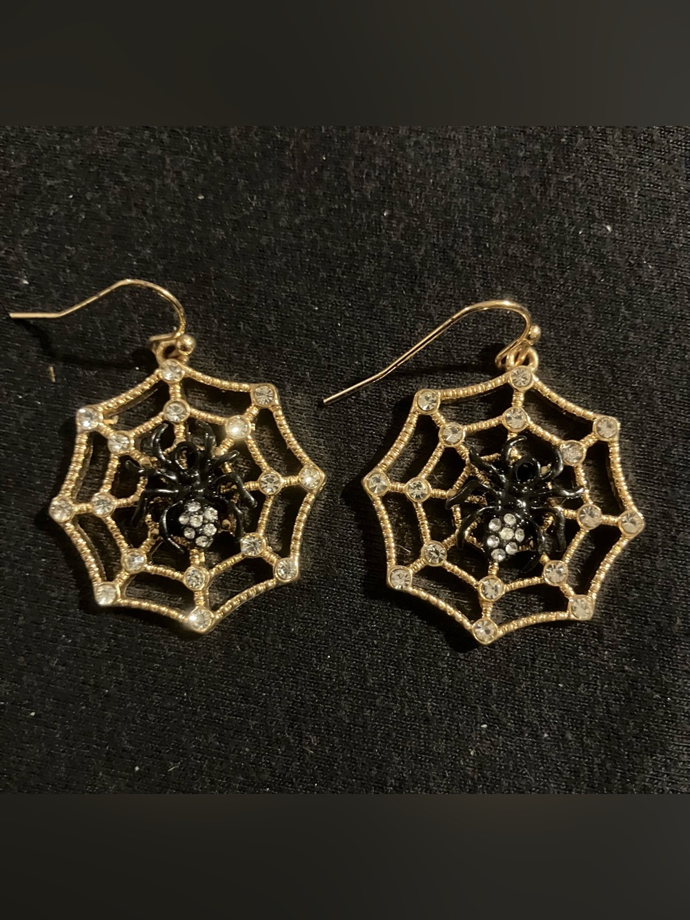 Gold Spider Web Drop Earrings with Black Crystal Spiders